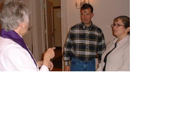 the Rev. Barbara Allen, Tom Hattaway and Kary Dyer chat after Ash Wednesday service.  Tom and Kary have the ashes imposed on their foreheads.  The conversation looks very serious and theological in this photo but as I recall they were chatting about a parking voilation.